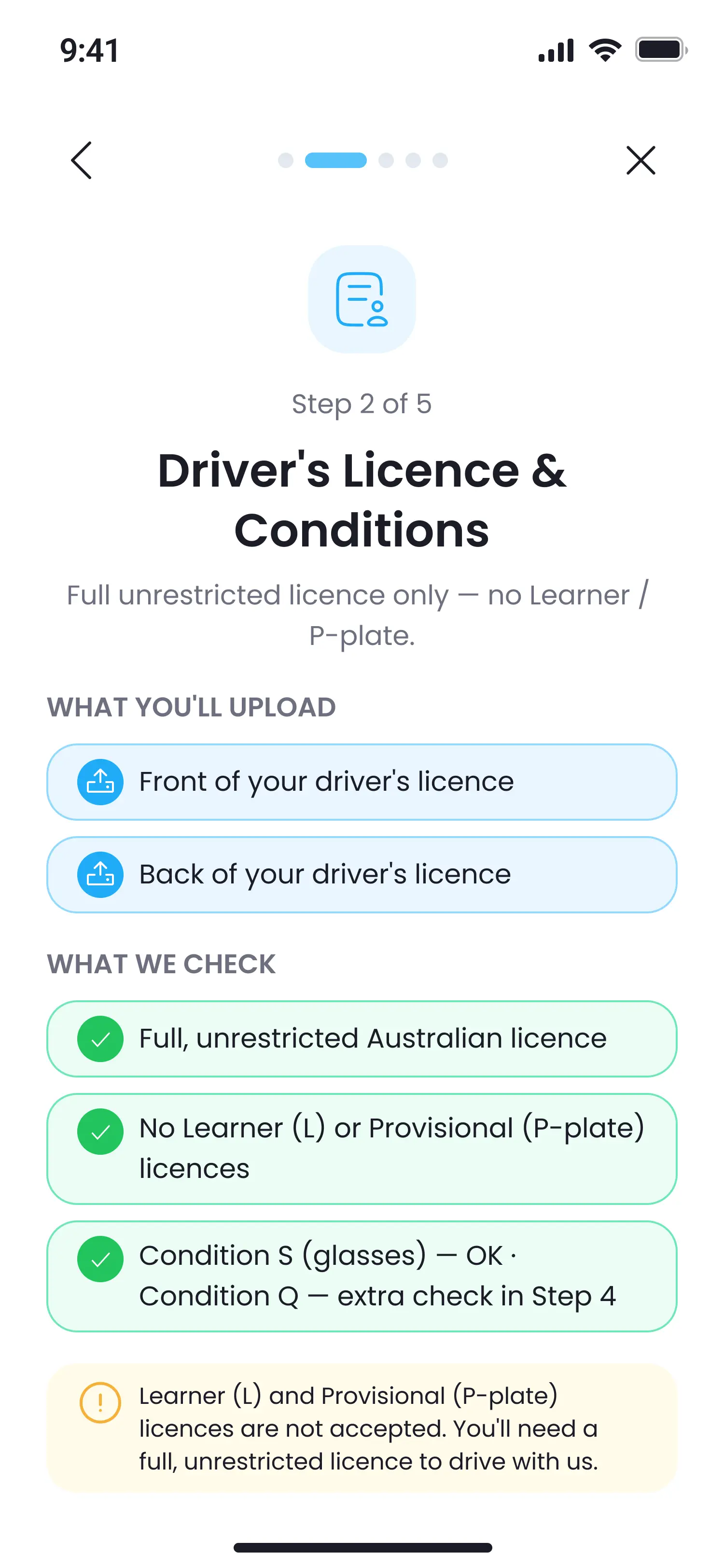 Driver's licence check — Pronti Driver app screen
