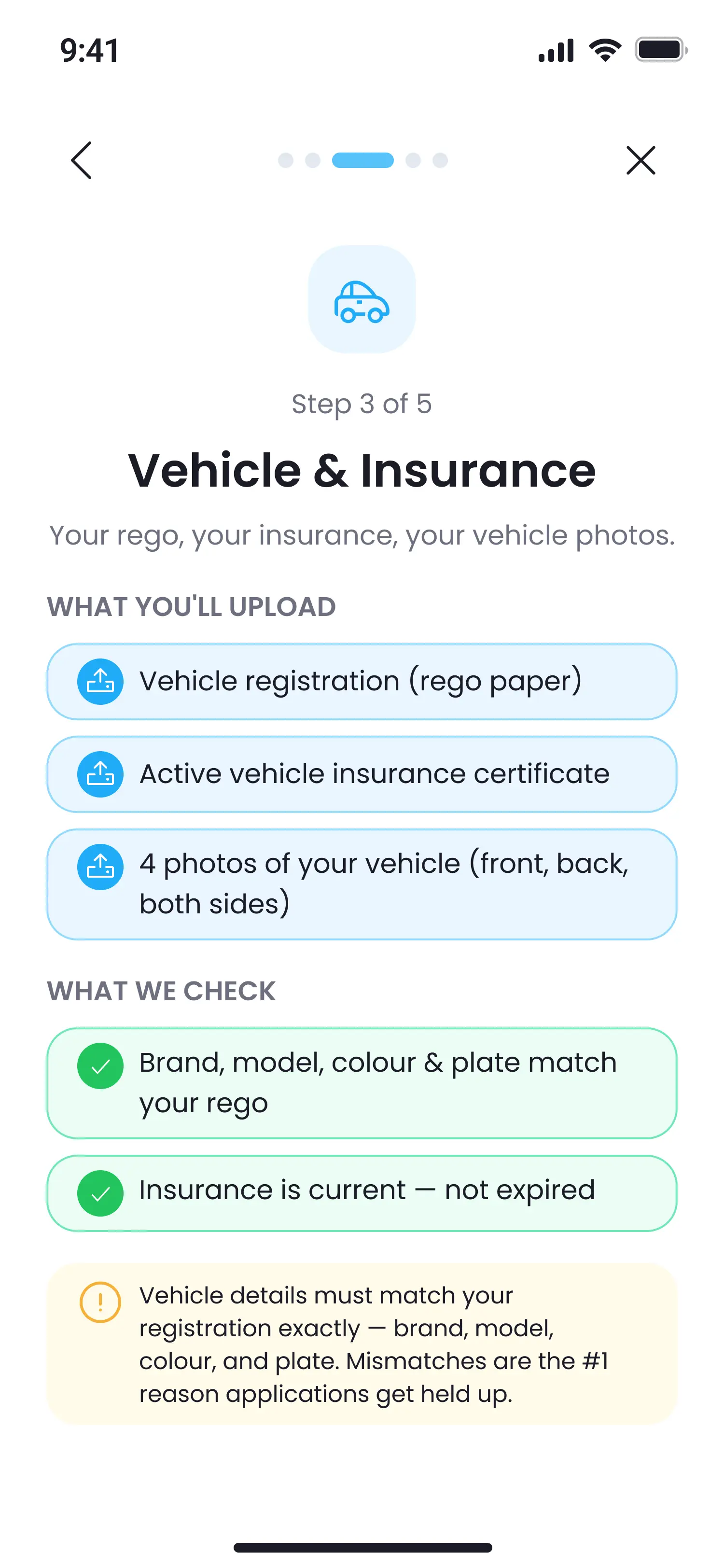 Vehicle & insurance — Pronti Driver app screen