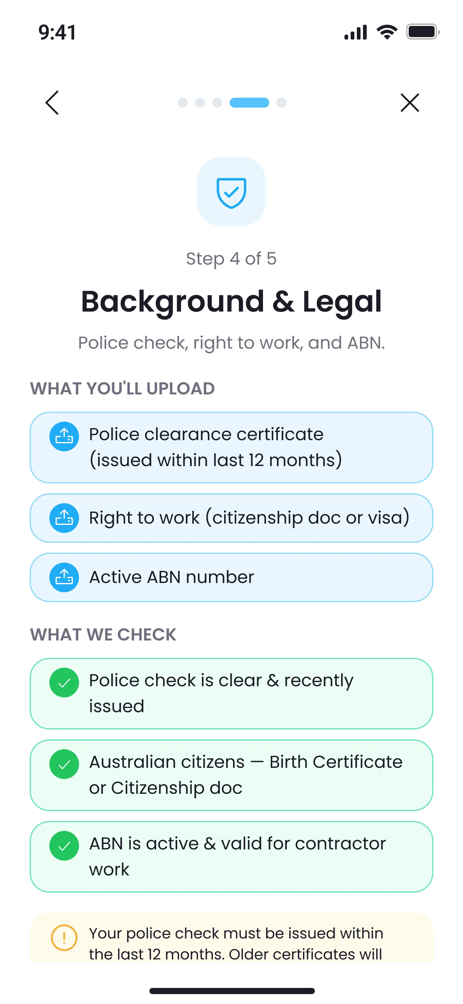 Right to work & background — Pronti Driver app screen