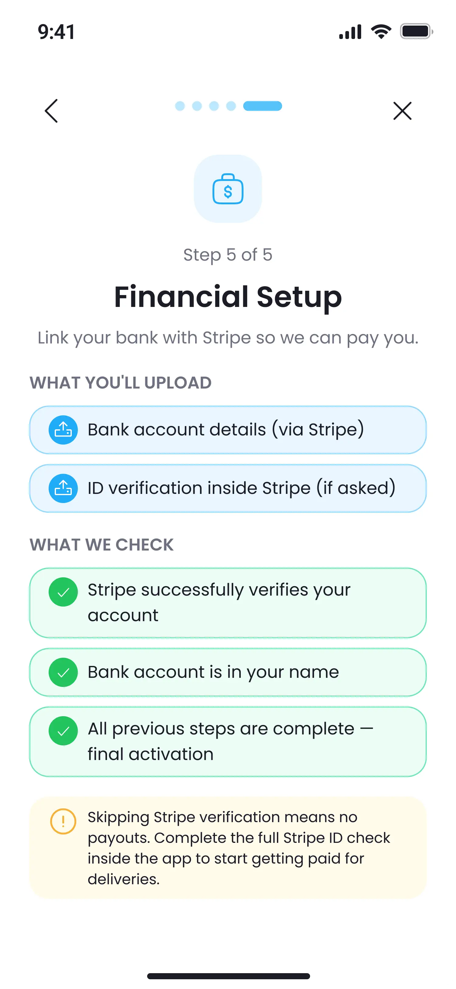 Financial setup & activation — Pronti Driver app screen